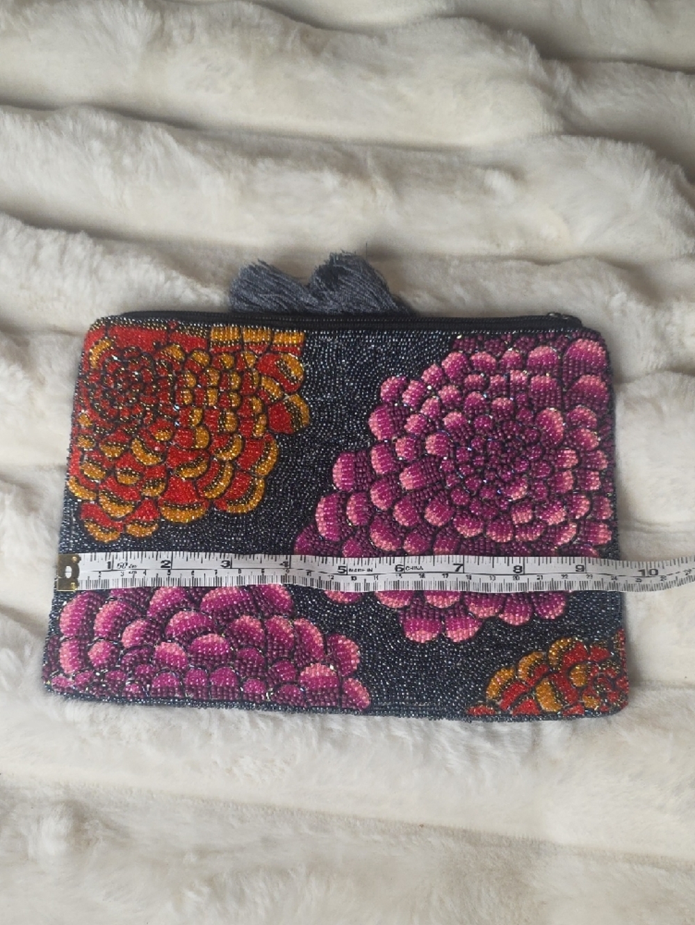 Beaded Embroidered Floral Zip Pouch Clutch - Black with Pink & Orange Flowers - Picture 4 of 6